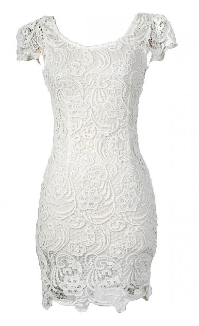 Nila Crochet Lace Capsleeve Pencil Dress in White